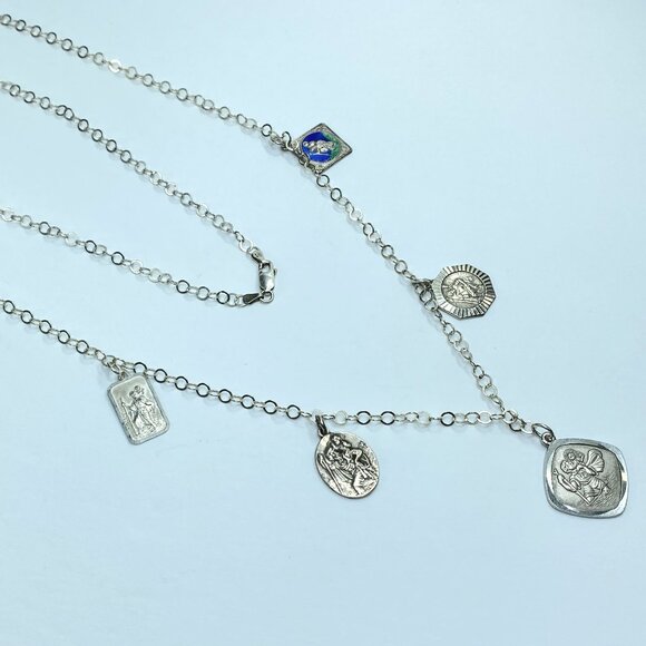 Italian 925 Silver Rosary-Style Chain Necklace w Religious Medallions 32